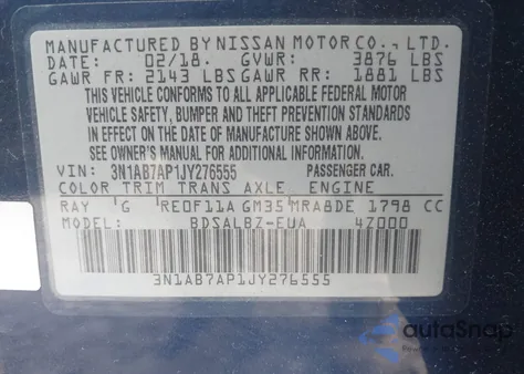 2018 Nissan Sentra S from USA, damaged, VIN 3N1AB7AP1JY276555